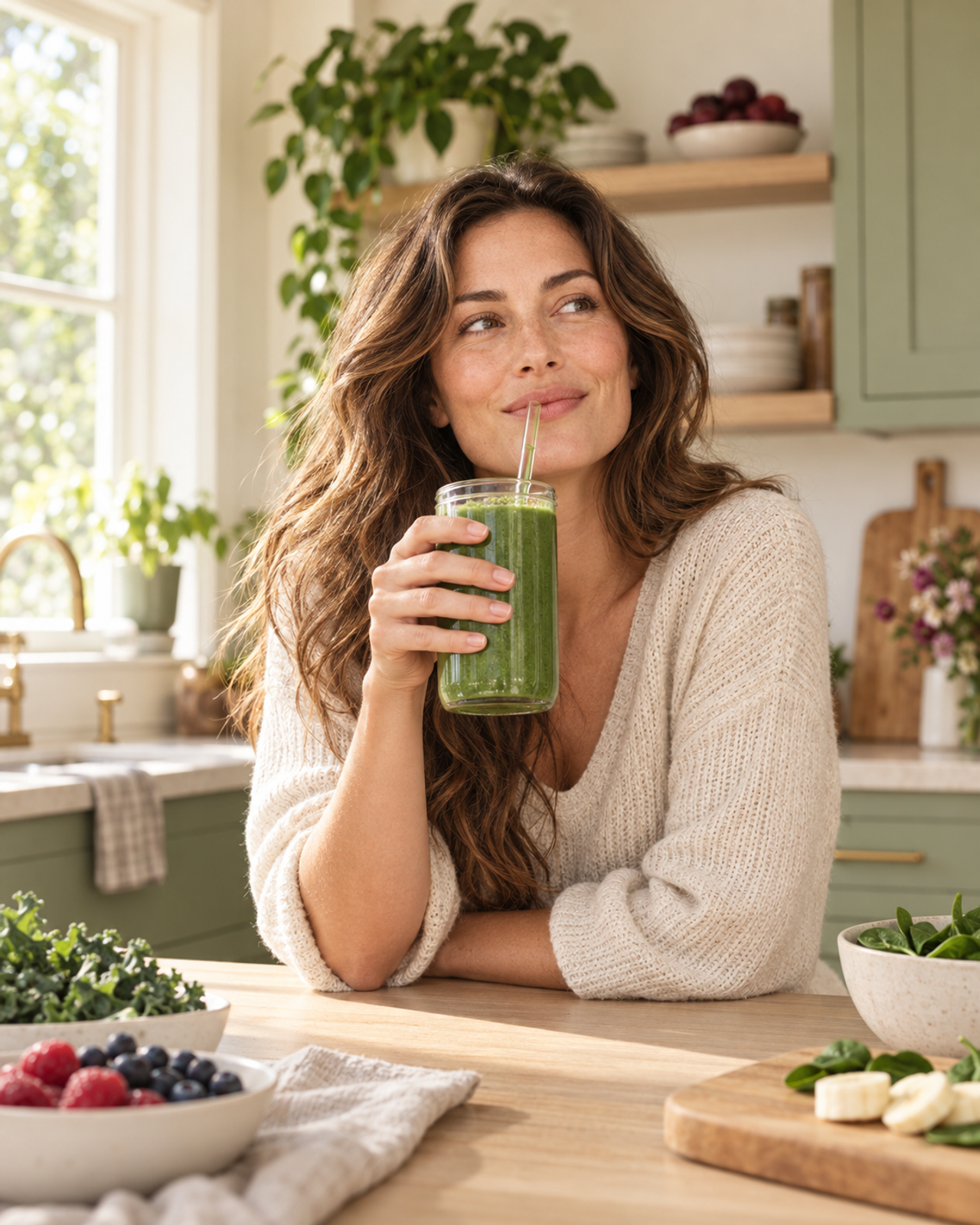 A woman enjoying a green smoothie in a bright, plant-filled kitchen